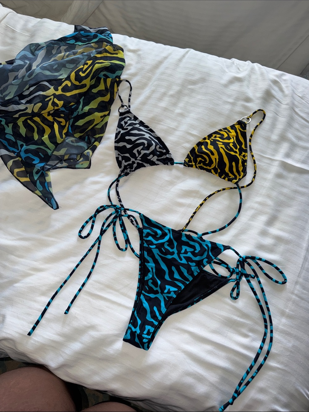 Colorblock Zebra Print String Bikini Set in Yellow, Blue, Black with cover up